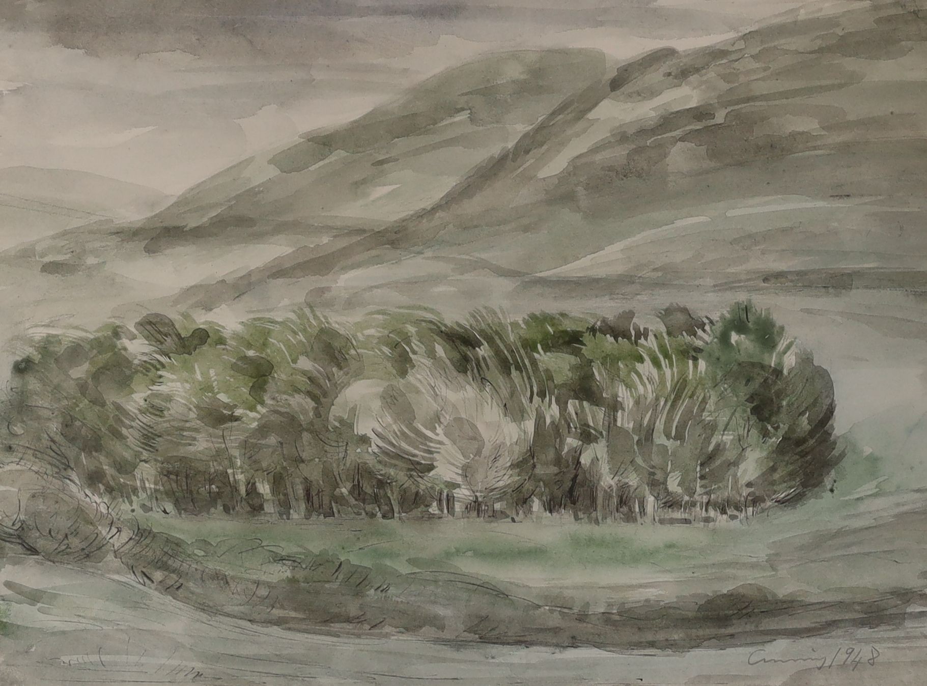 Attributed to Fred Cuming (1930-), ink and watercolour, Trees in a windy landscape, signed in pencil and dated 1948, 24 x 31cm